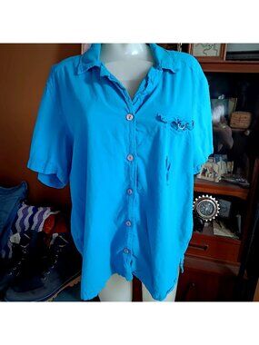 Mom Top 1X Women's Vintage Erika Turquoise Button-Down Cotton 1990's